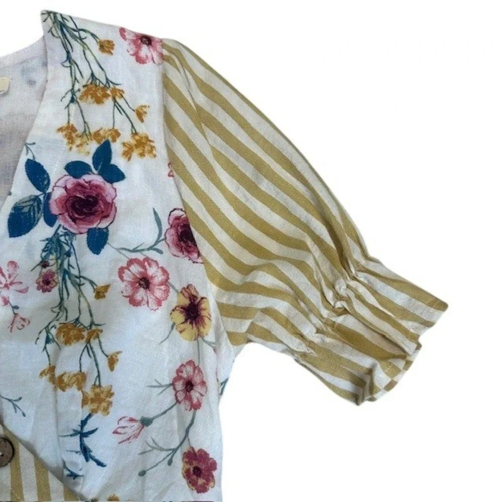Entro Colorblock Floral Stripe‎ Mini Dress Button Front V Neck Short Sleeve Sz M